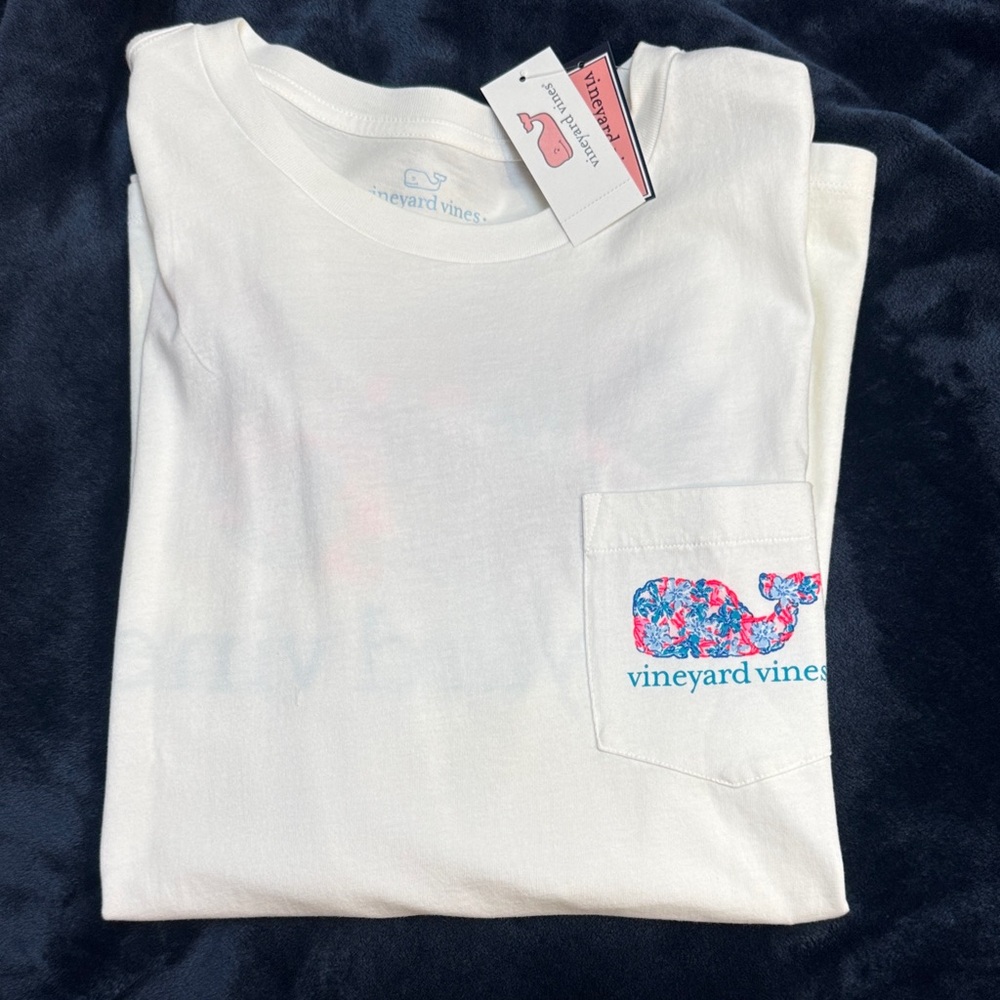 Vineyard Vines Kids White Tee with Blue and Pink Whale
